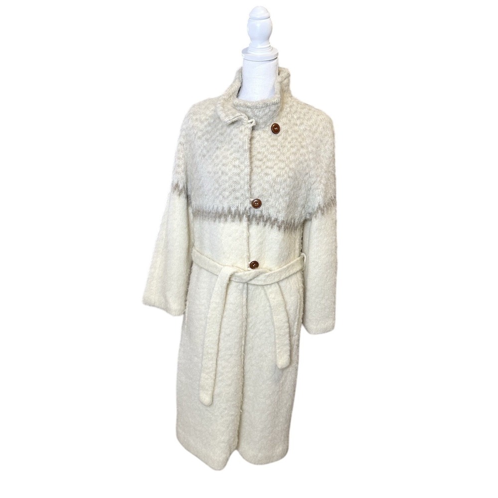 Vtg Karen Isull Of Iceland Wool Mohair Belted Duster Coat Cardigan Cream Brown L